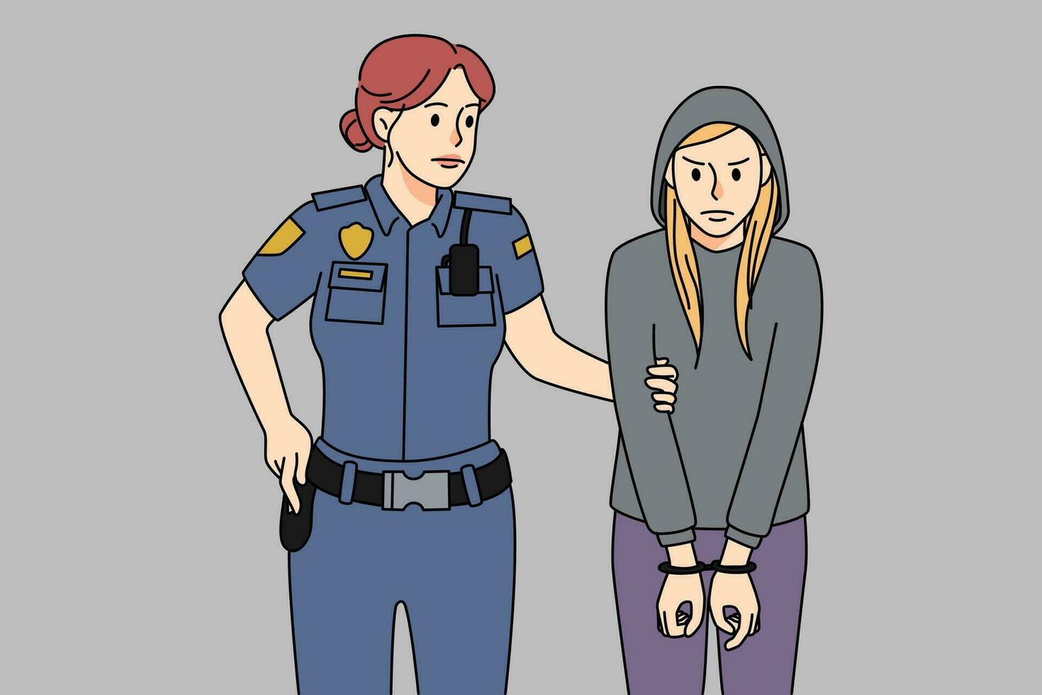 kvinna polis officer gripa stygg tonåring flicka kriminell beter sig dålig. polis sätta handklovar på Tonårs tjuv eller brottslighet misstänka. juvenil och minderårig brottslighet begrepp. vektor illustration.