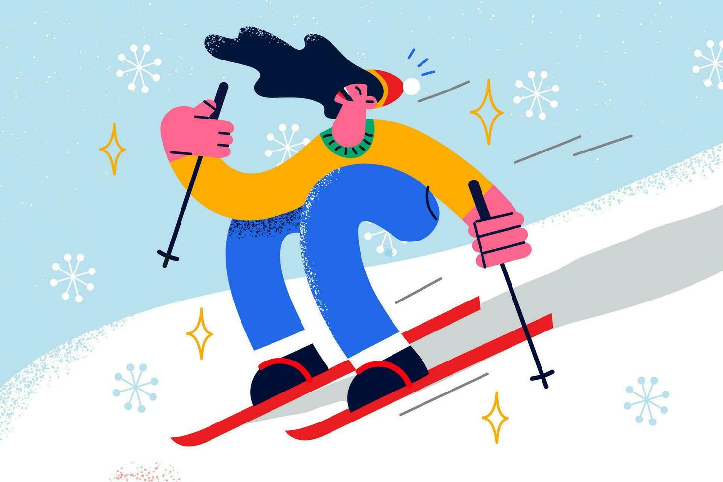 glücklich jung Frau im Oberbekleidung haben Spaß Skifahren im Berg Erholungsort. lächelnd Mädchen entspannen auf Winter Ferien gleiten Nieder hügel. aktiv Ferien und Unterhaltung Konzept. Vektor Illustration.