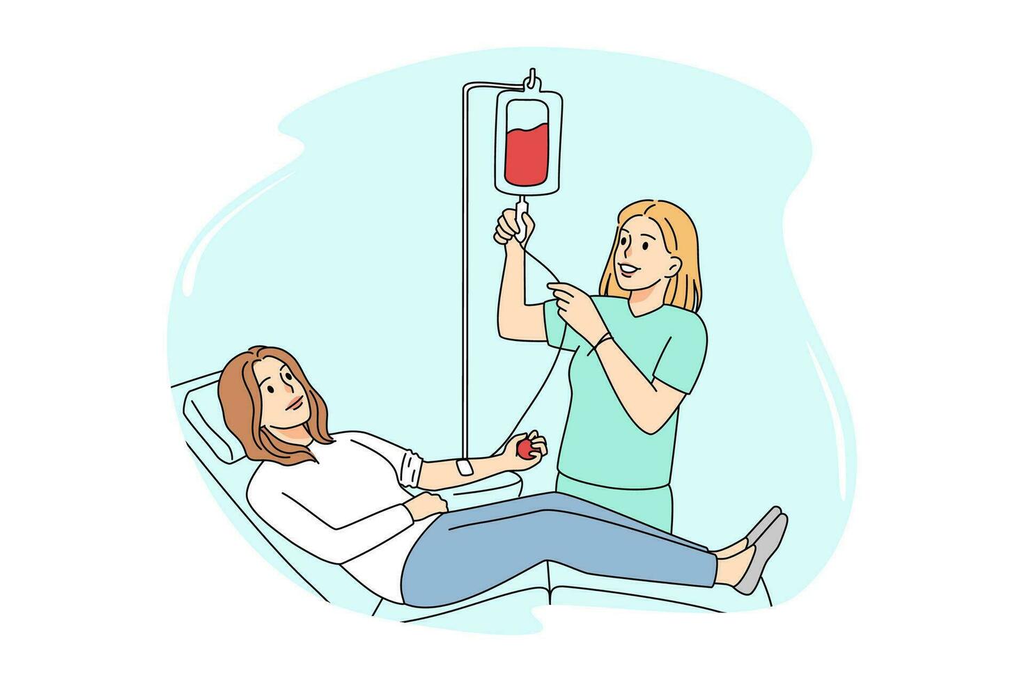 sjuksköterska ta blod från givare in i plast behållare i sjukhus. kvinna givare donera blod för behöver ont skadade människor i klinik. medicin och sjukvård begrepp. vektor illustration.