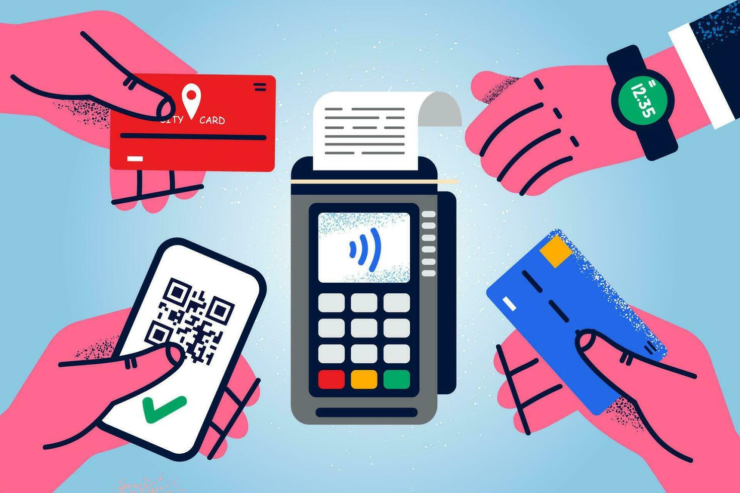 olika människor händer med smartphone, kreditera kort och smart klocka betala på pos terminal. klienter göra betalning använder sig av kontaktlös trådlös metod. nfc begrepp. vektor illustration.