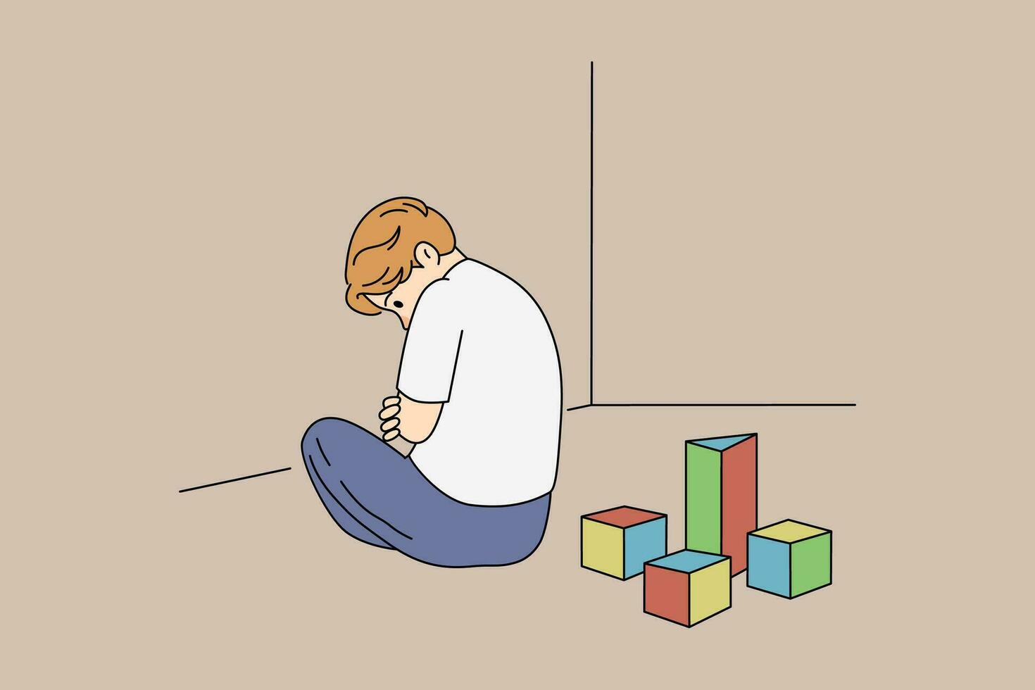 olycklig ensam små pojke Sammanträde ensam spelar med kub leksaker lida från autism. autistisk barn med symptom och tecken av sjukdom. barndom sjukvård. vektor illustration.