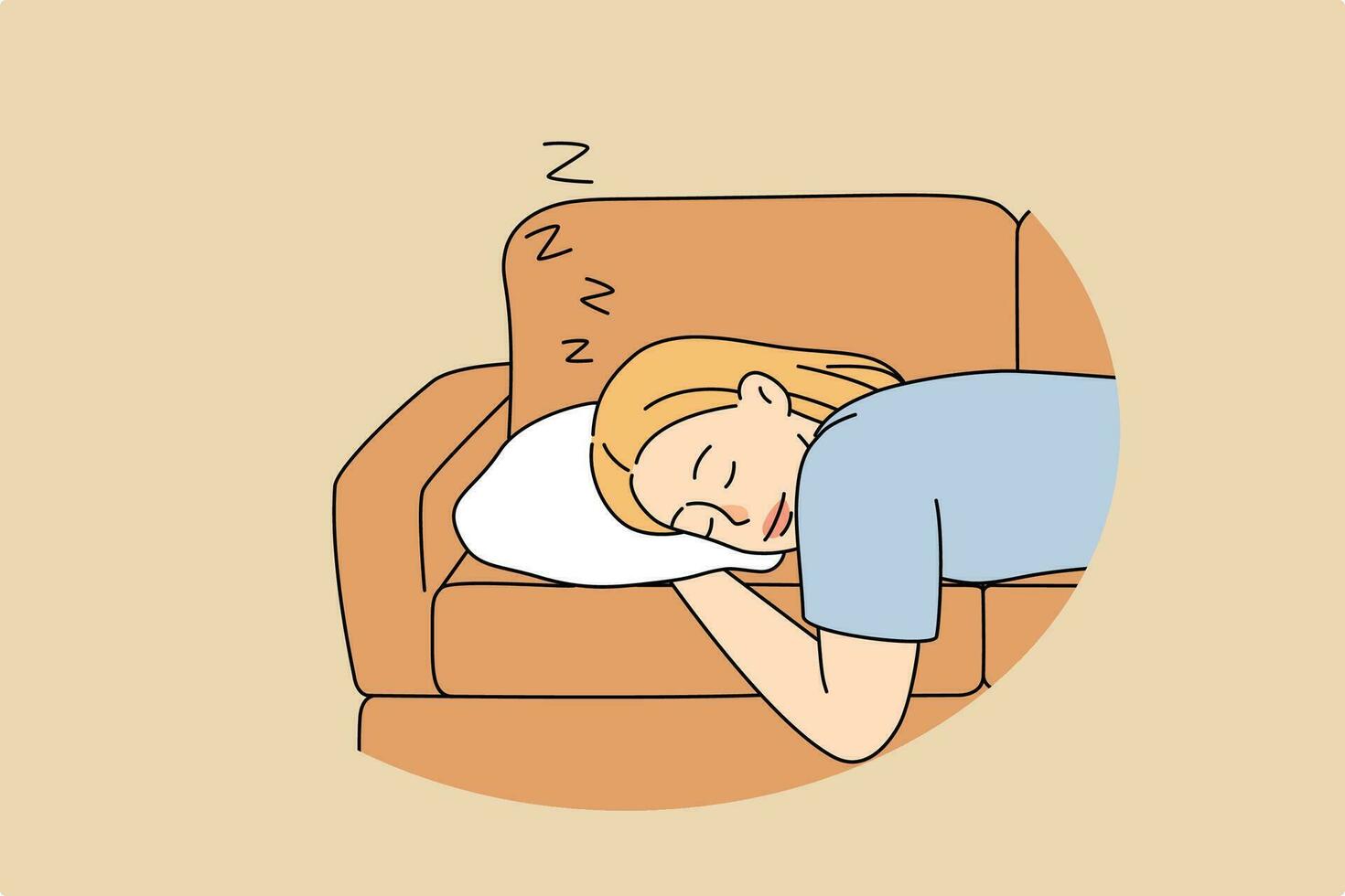 trött ung kvinna liggande på soffa njut av eftermiddag sömn på Hem. utmattad flicka ta tupplur slumra av på soffa inomhus. utmattning och Trötthet begrepp. avslappning och lättja. vektor illustration.