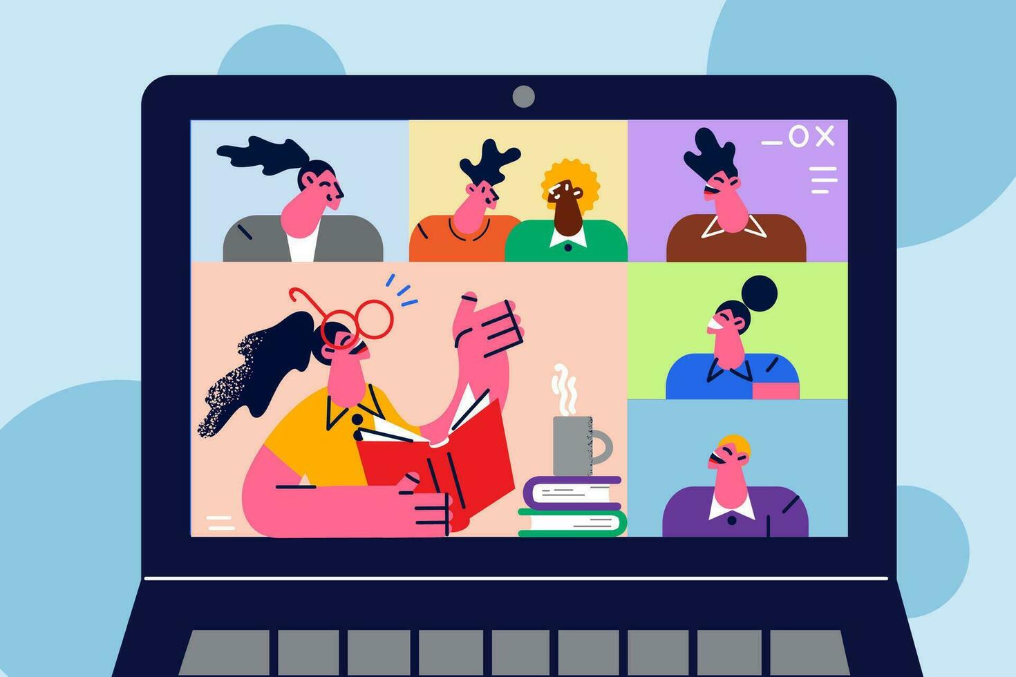 Laptop Bildschirm mit vielfältig Kinder und Lehrer haben online Lektion auf Abriegelung. gemischtrassig Studenten genießen Webcam Klasse oder Vorlesung mit Tutor oder Trainer auf Computer. Vektor Illustration.