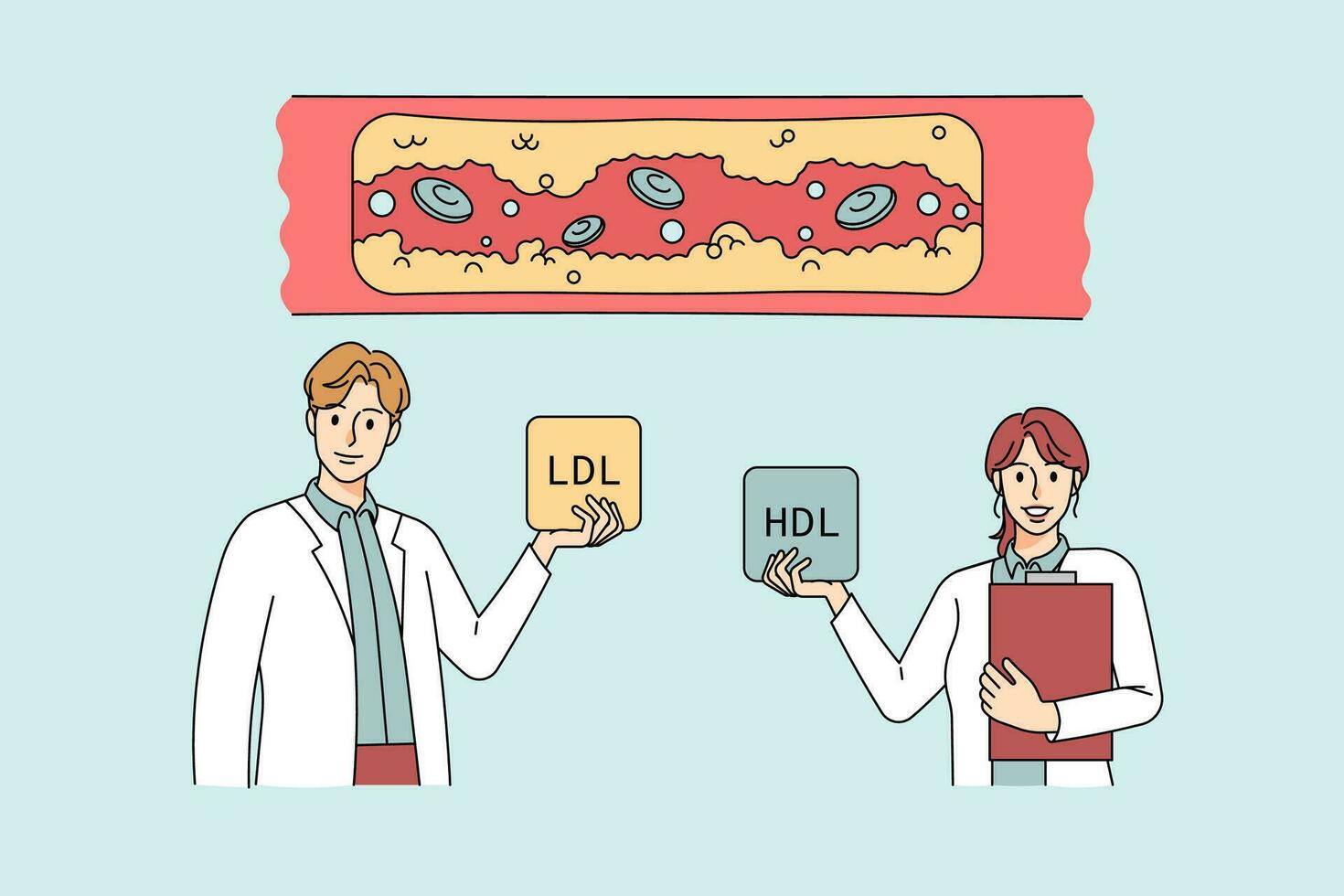 vielfältig Ärzte zeigen Cholesterin im Mensch Körper Schiffe. Therapeuten Show hoch ldl und hdl Ebenen im verstopft vaskulär. Plakette Krankheit und Fett Zellen Konzept. eben Vektor Illustration.