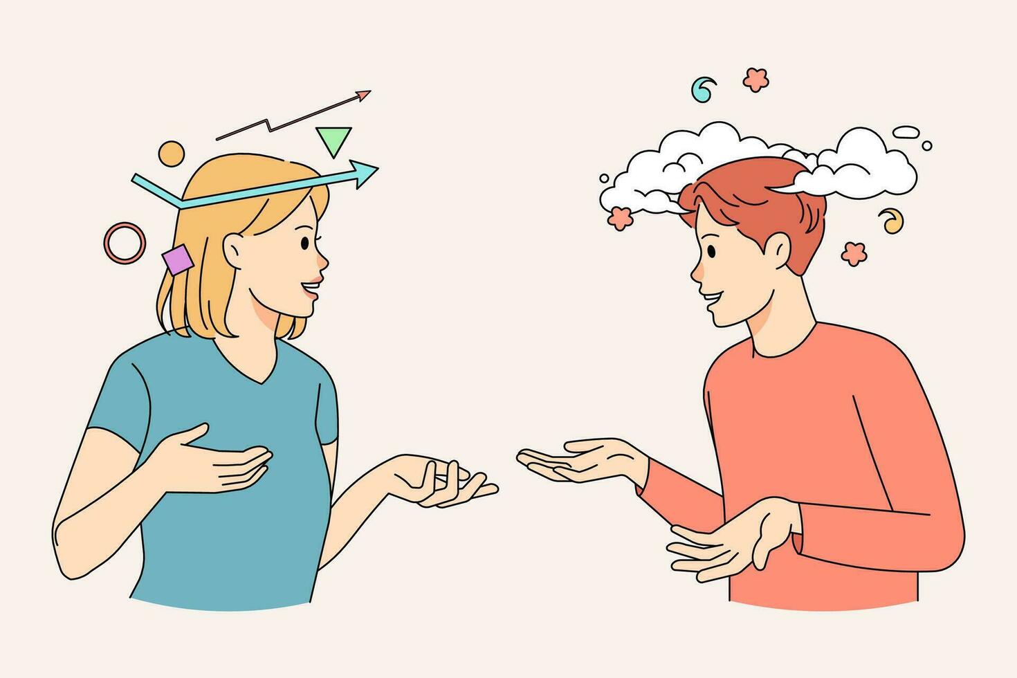 olika människor med logisk analytisk sinne prata kommunicera med fantasifull kreativ attityd. man och kvinna med annorlunda tänkande ha chatt eller kommunikation. vektor illustration.