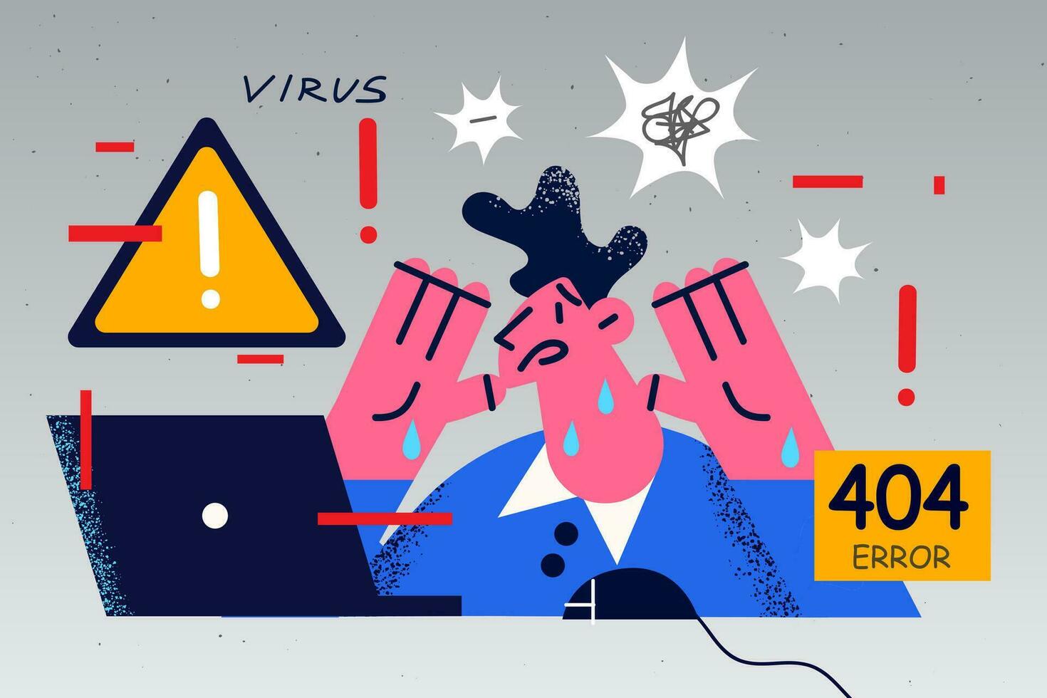 betrübt männlich Mitarbeiter Arbeit auf Computer frustriert mit Gerät Error oder Virus. Ängstlich Mann Arbeiter verwirrt mit Laptop Spam oder Fehler Benachrichtigung. Malware und Betrug. Vektor Illustration.