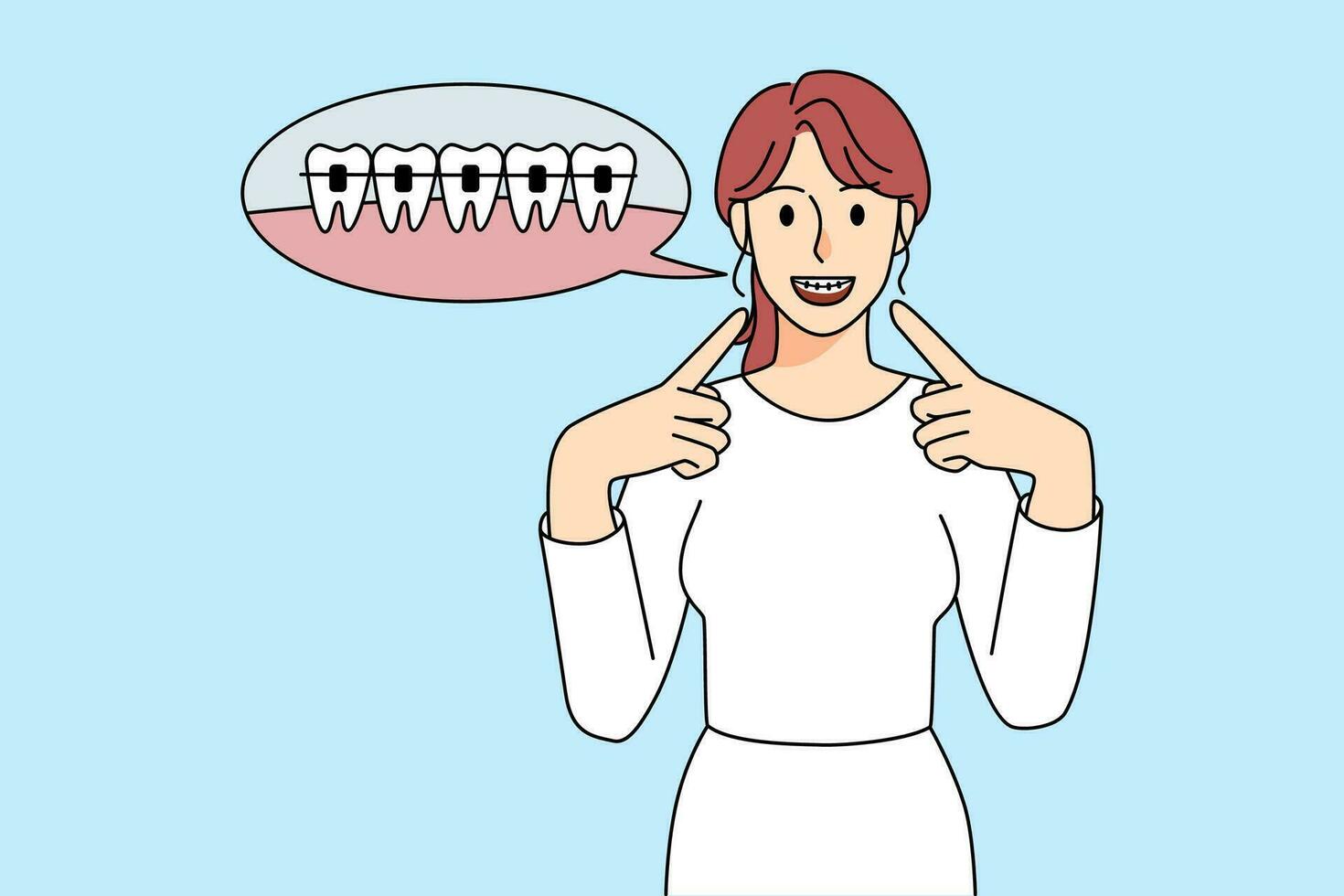 Lycklig ung kvinna punkt på dental tandställning på tänder. leende flicka njut av spänna behandling för friska även tand. tandvård och oral vård begrepp. vektor illustration.