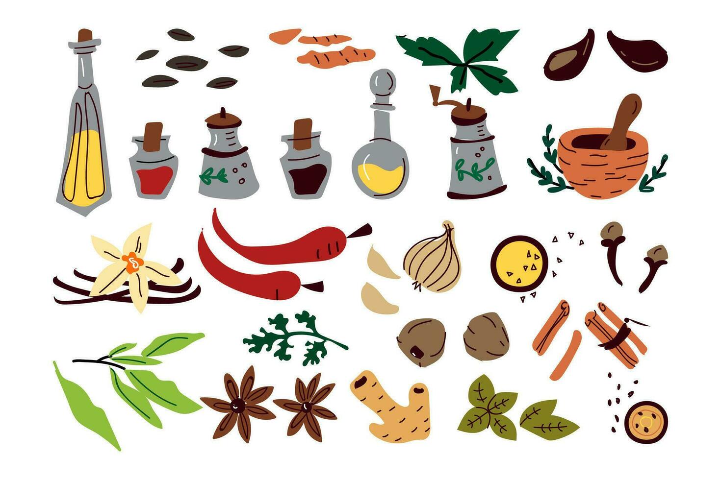 Gewürze Gekritzel Satz. Sammlung von Skizzen anders Gewürze Kräuter Koriander Nelke Ingwer Pfeffer isoliert auf Weiß. aromatisch Pflanzen zum Kochen Vektor Jahrgang Illustration zum Karte drucken Design