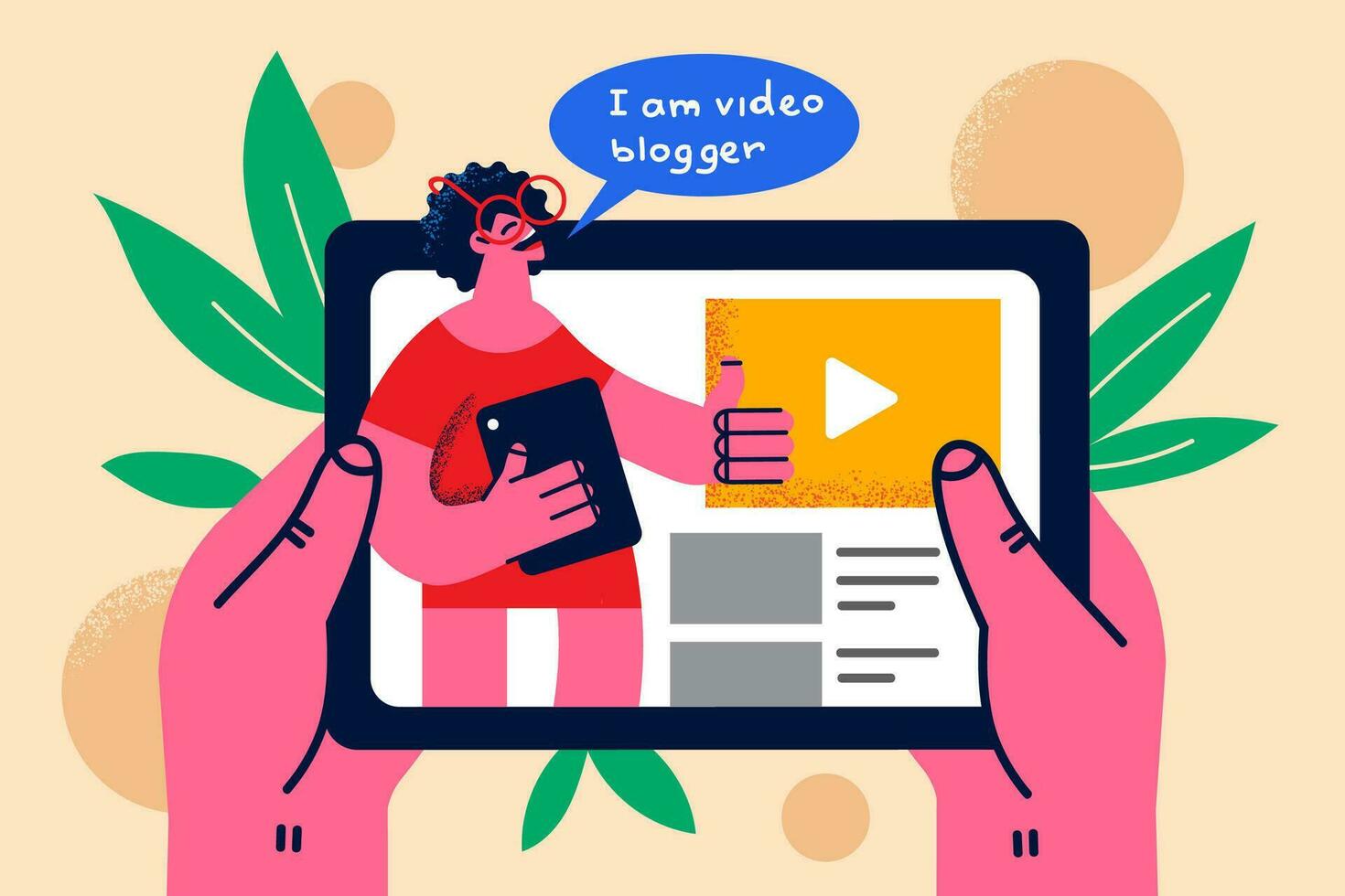 person håll läsplatta grej Kolla på video bloggare uppkopplad. kvinna använda sig av vaddera Följ vlogger njut av handledning eller vlog på internet. social media och teknologi begrepp. vloggar. platt vektor illustration.