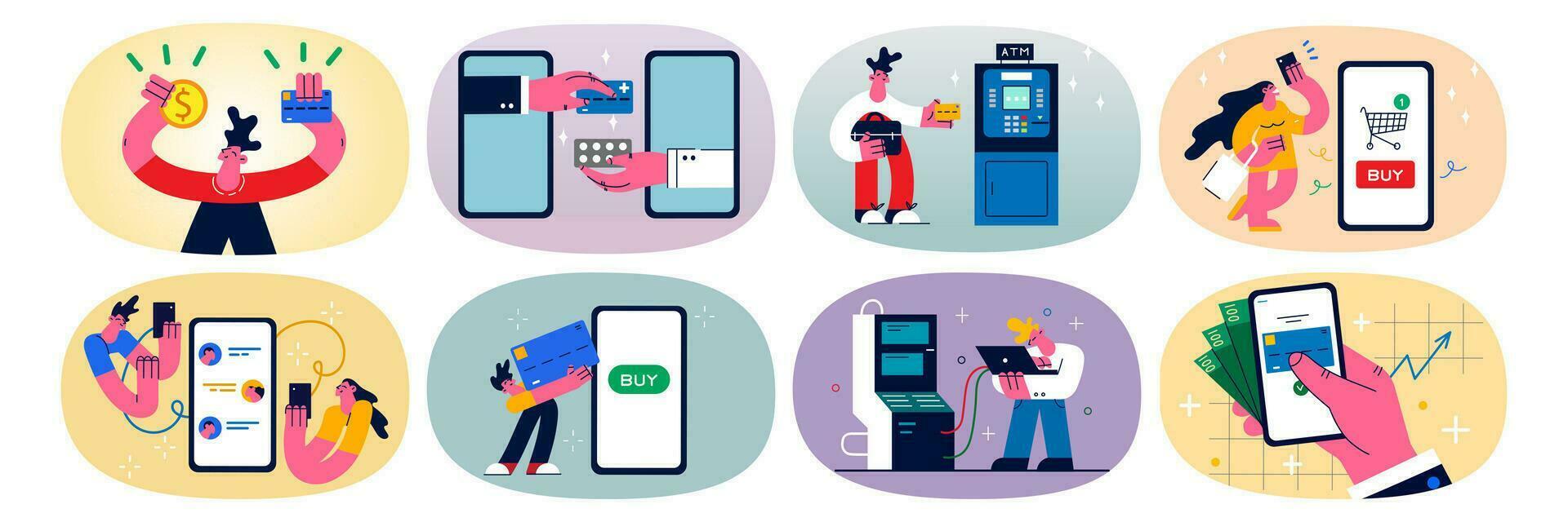 uppsättning av olika människor med kreditera kort och smartphone betala uppkopplad eller dra tillbaka pengar på Bankomat maskin. samling av köpare eller klient handla på internet på mobiltelefon. platt vektor illustration.