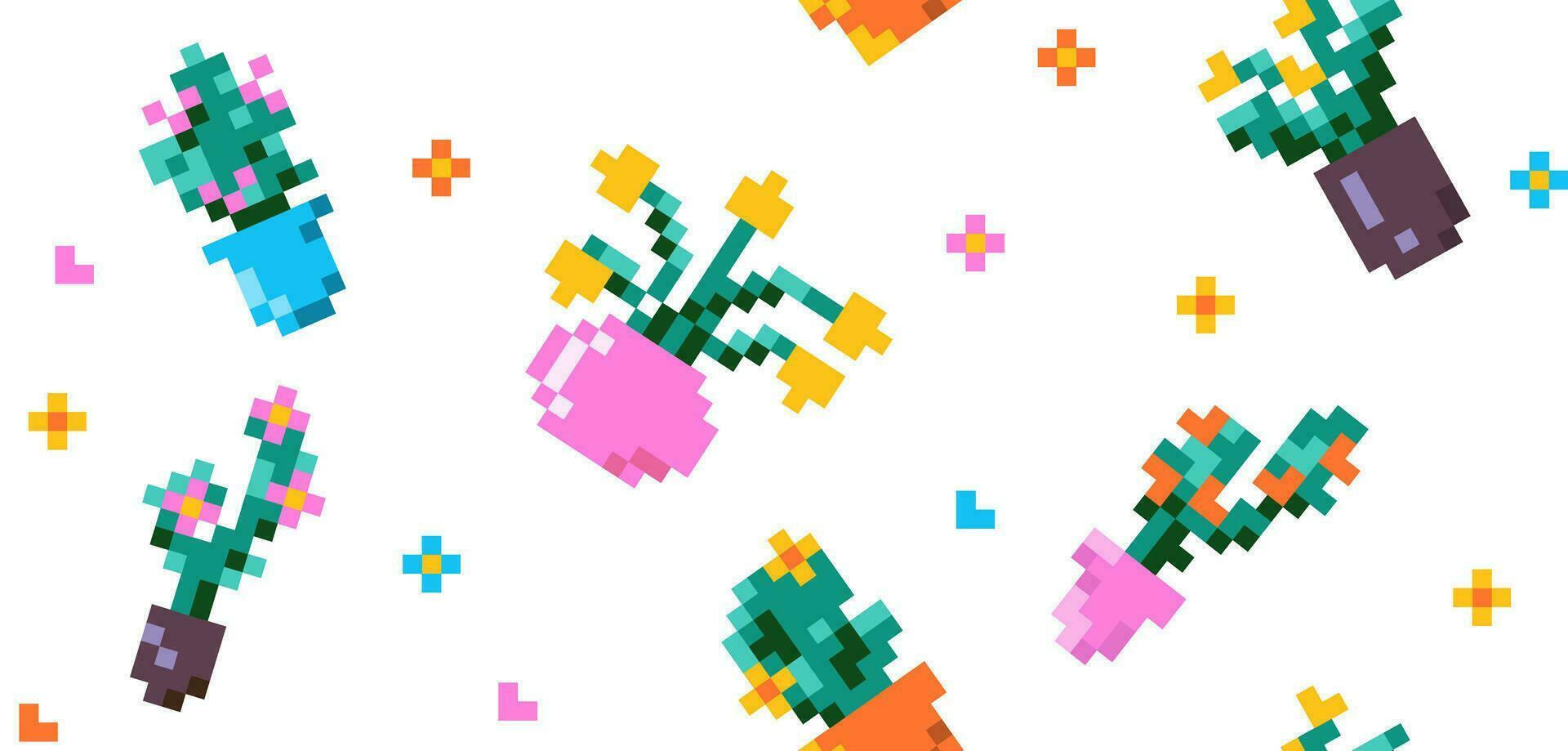 sömlös mönster, vaser med blommor i pixel konst stil. krukväxt skriva ut. vektor illustration i retro stil, dator spel från de 90-talet, 2000-talet.