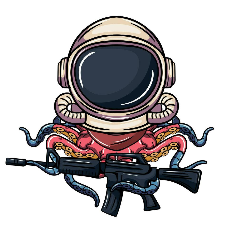 tecknad serie serier karaktär bläckfisk cyborg explorer i astronaut kostym med en maskin pistol. illustration för fantasi, vetenskap fiktion och äventyr serier vektor