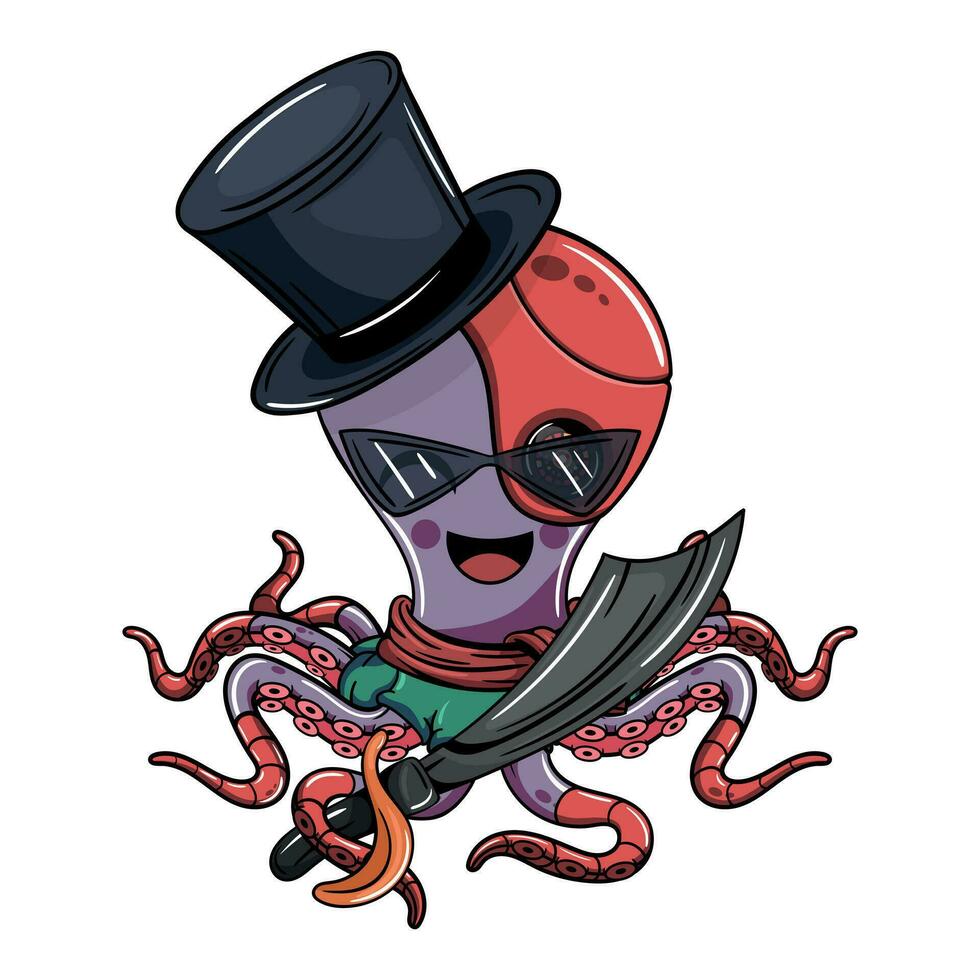Karikatur Cyborg Tintenfisch Charakter mit Pirat oben Hut und ein Schwert. Illustration zum Fantasie, Wissenschaft Fiktion und Abenteuer Comics vektor