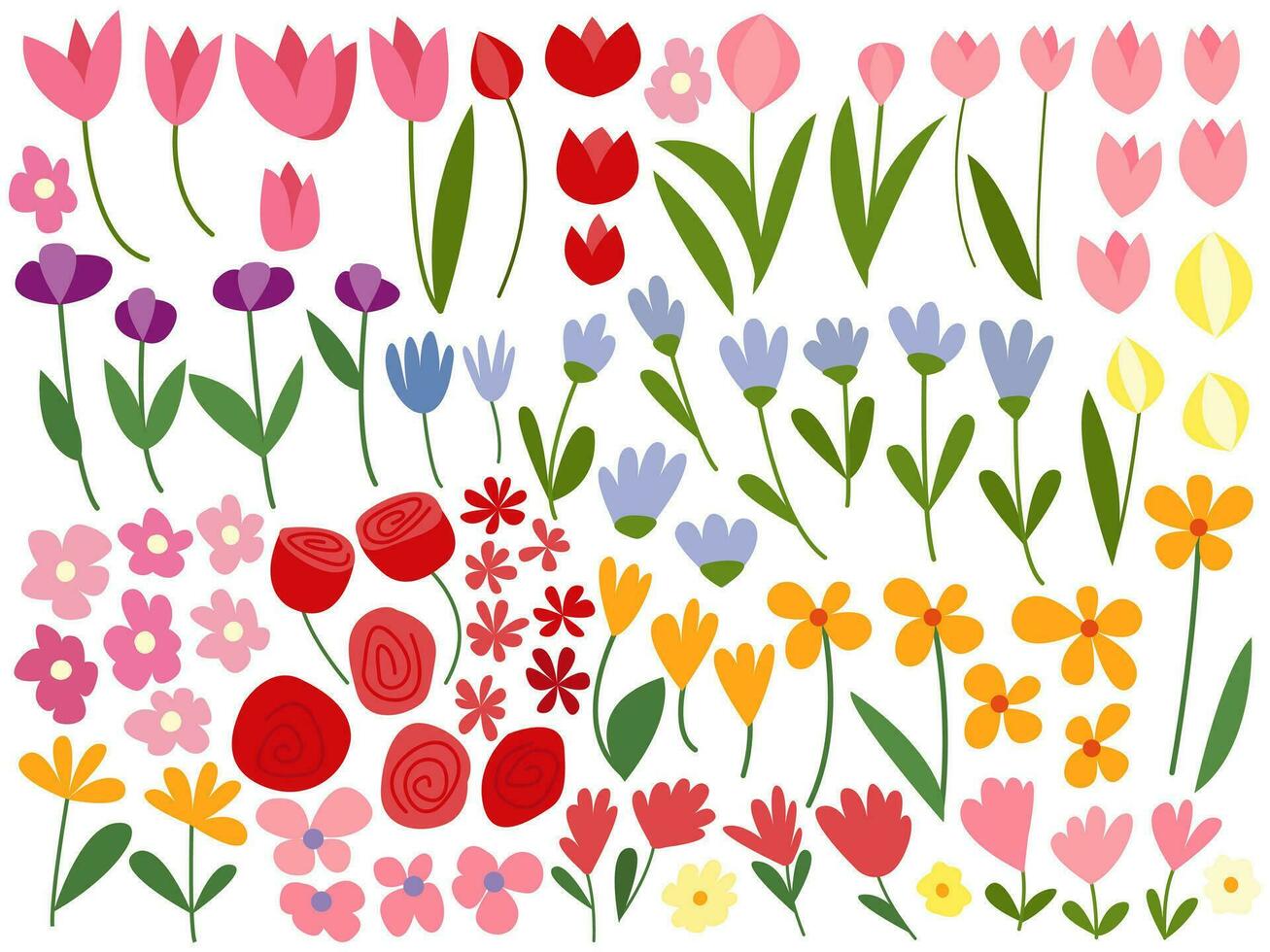 Vektor anders Blume Teile Satz. dekorativ blühen Teil Clip Art Satz. Tulpe, Rose, Gänseblümchen wild Blumen, Lilie Blume