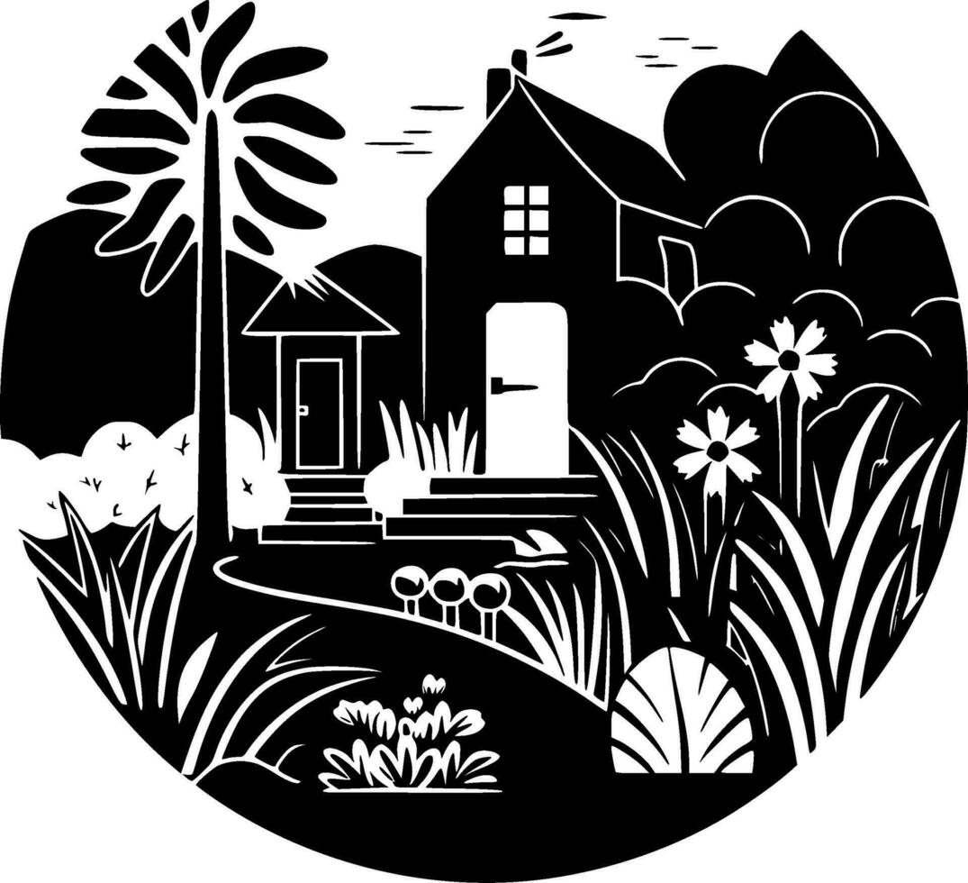 trädgård, svart och vit vektor illustration
