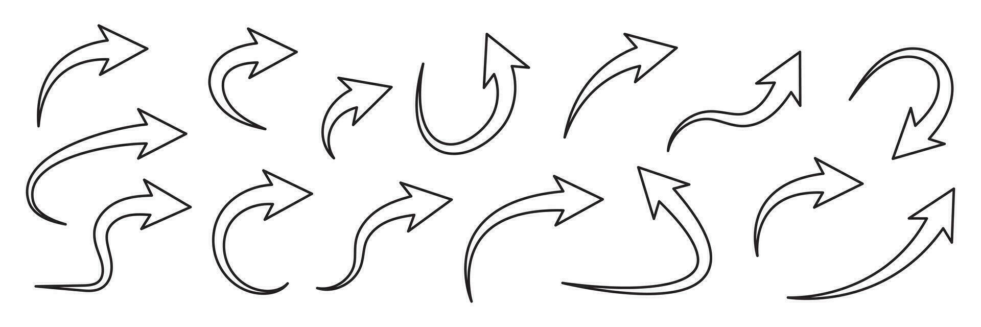 kurva pil vektor ikoner, uppsättning pil upp och pil ner, svart linje symboler. vektor illustration.