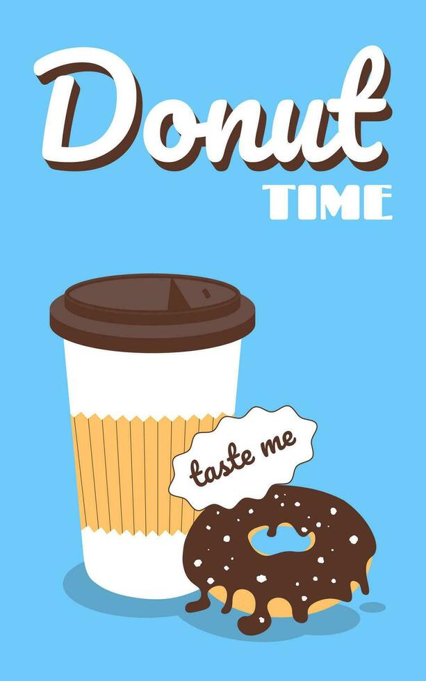 kort för kaffe affär, bageri. choklad munk med kaffe. munk tid, frukost, reklam. vektor illustration i tecknad serie stil. minimalism.