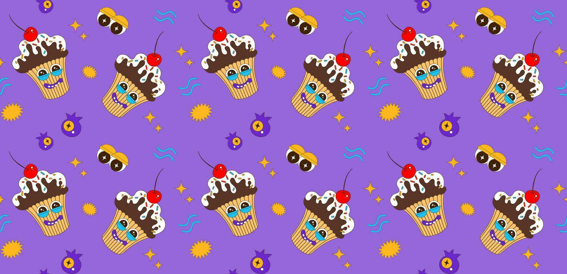 nahtlos Muster von komisch Cupcake Figuren. Vektor Illustration von Cupcake Maskottchen und komisch Ausdrücke. Kinder- komisch Hintergrund.