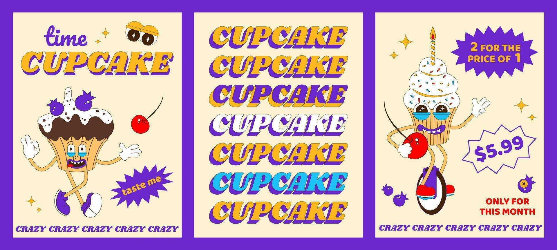 Cupcake Charakter Poster Satz. komisch Cupcake Maskottchen zum Bäckerei, Cafe, Restaurant. Vektor Illustration im psychedelisch retro Stil.