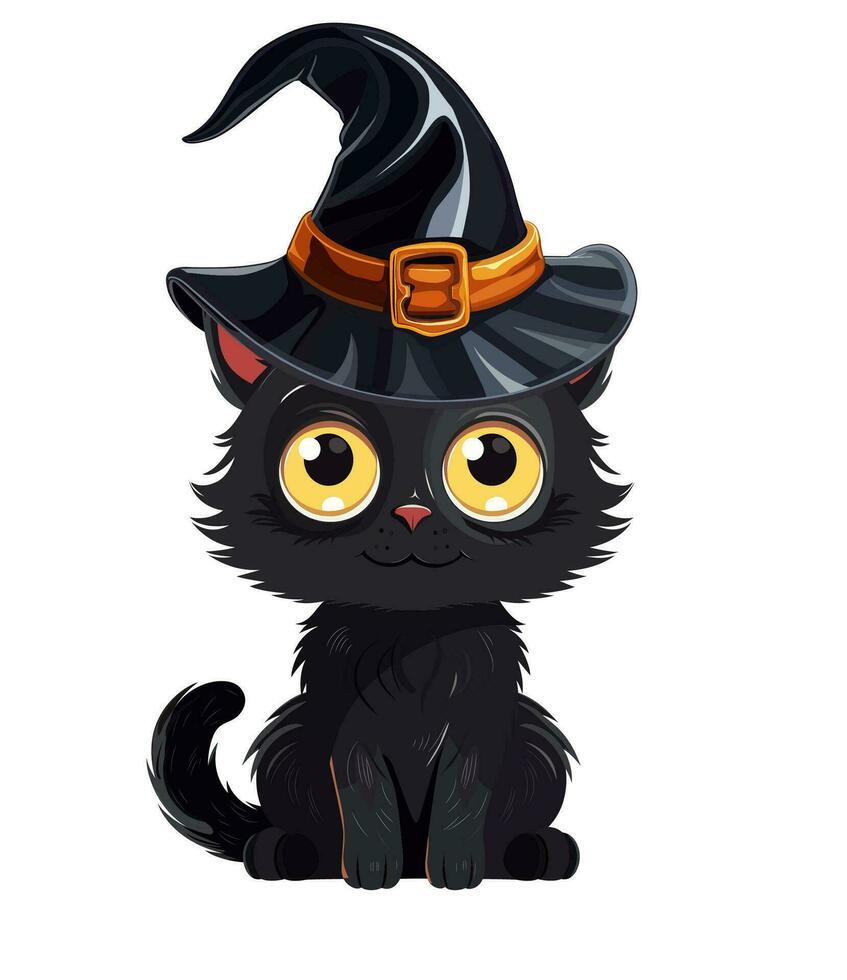 svart katt i häxa hatt vektor illustration