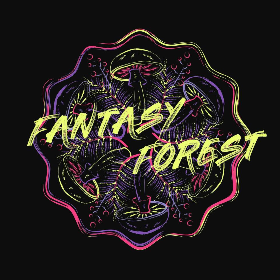 cirkulär mönster med svamp, skog lövverk i grunge stil. ljus objekt i neon fluorescerande färger. vektor