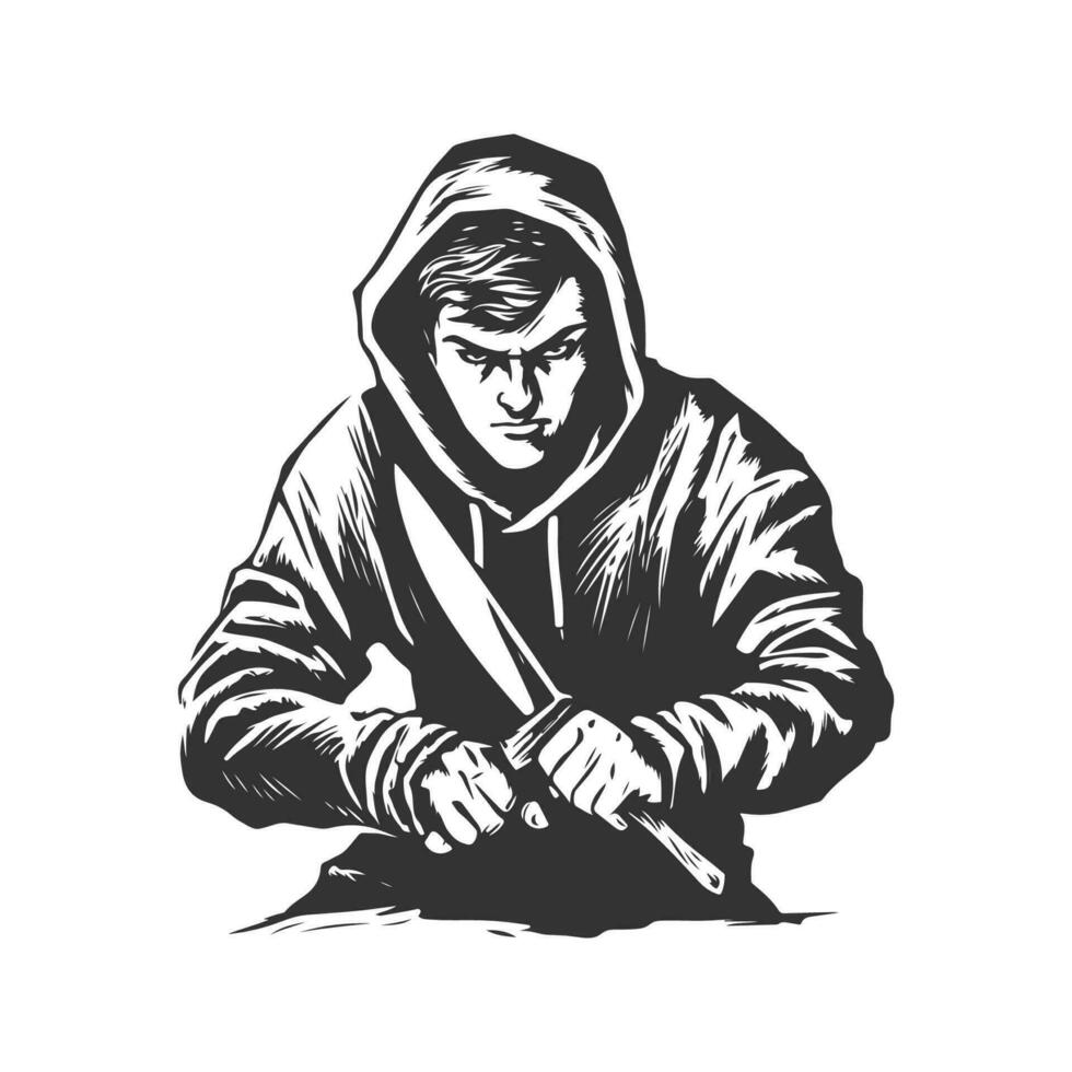 Qual Hackmesser tragen Kapuzenpullover, Jahrgang Logo Linie Kunst Konzept schwarz und Weiß Farbe, Hand gezeichnet Illustration vektor