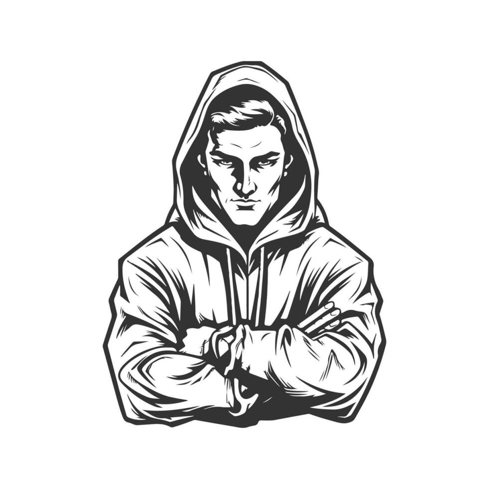 Qual Hackmesser tragen Kapuzenpullover, Jahrgang Logo Linie Kunst Konzept schwarz und Weiß Farbe, Hand gezeichnet Illustration vektor