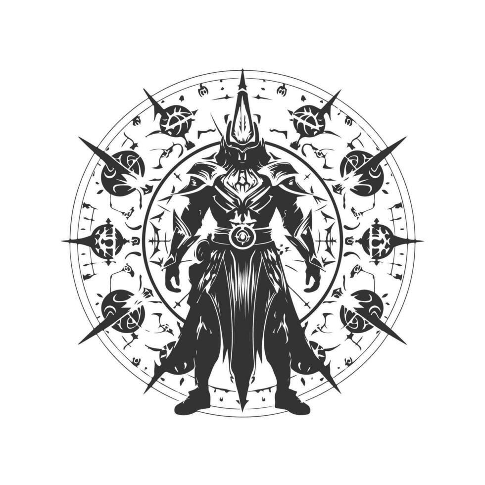 Tierkreis Zauberkünstler Ritter, Jahrgang Logo Linie Kunst Konzept schwarz und Weiß Farbe, Hand gezeichnet Illustration vektor