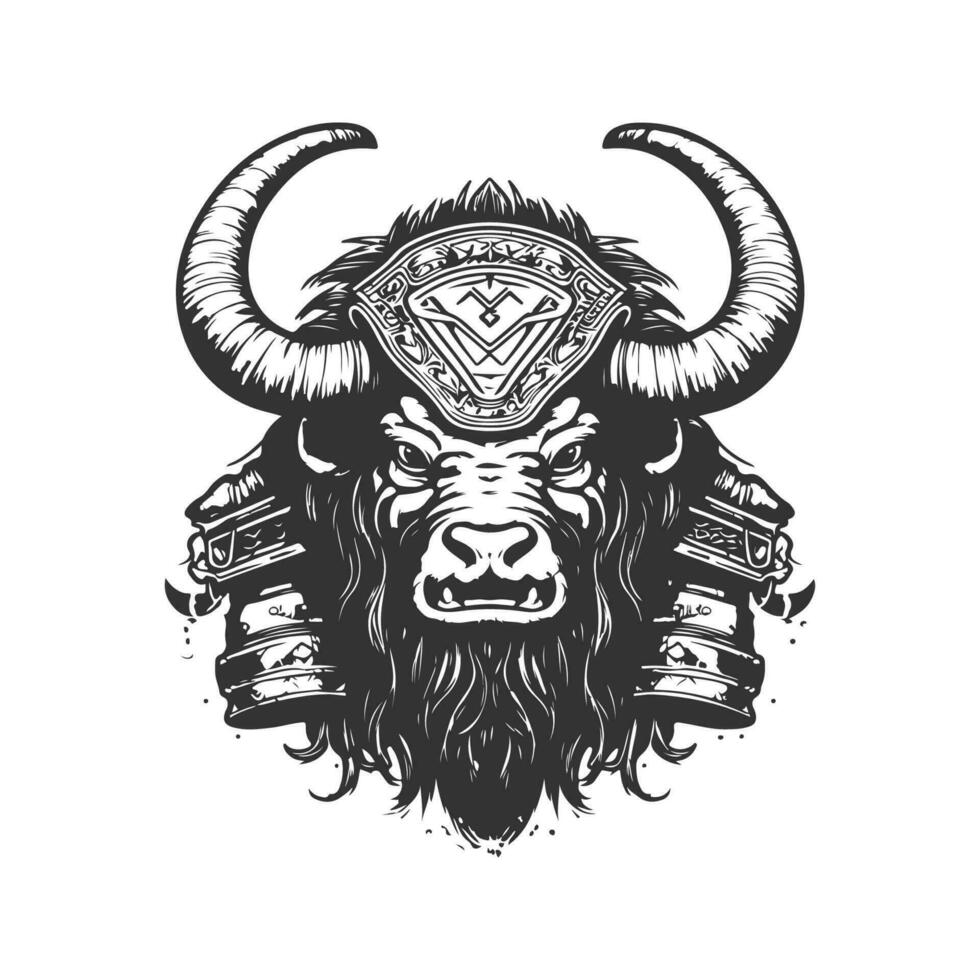 Yak Krieger, Jahrgang Logo Linie Kunst Konzept schwarz und Weiß Farbe, Hand gezeichnet Illustration vektor