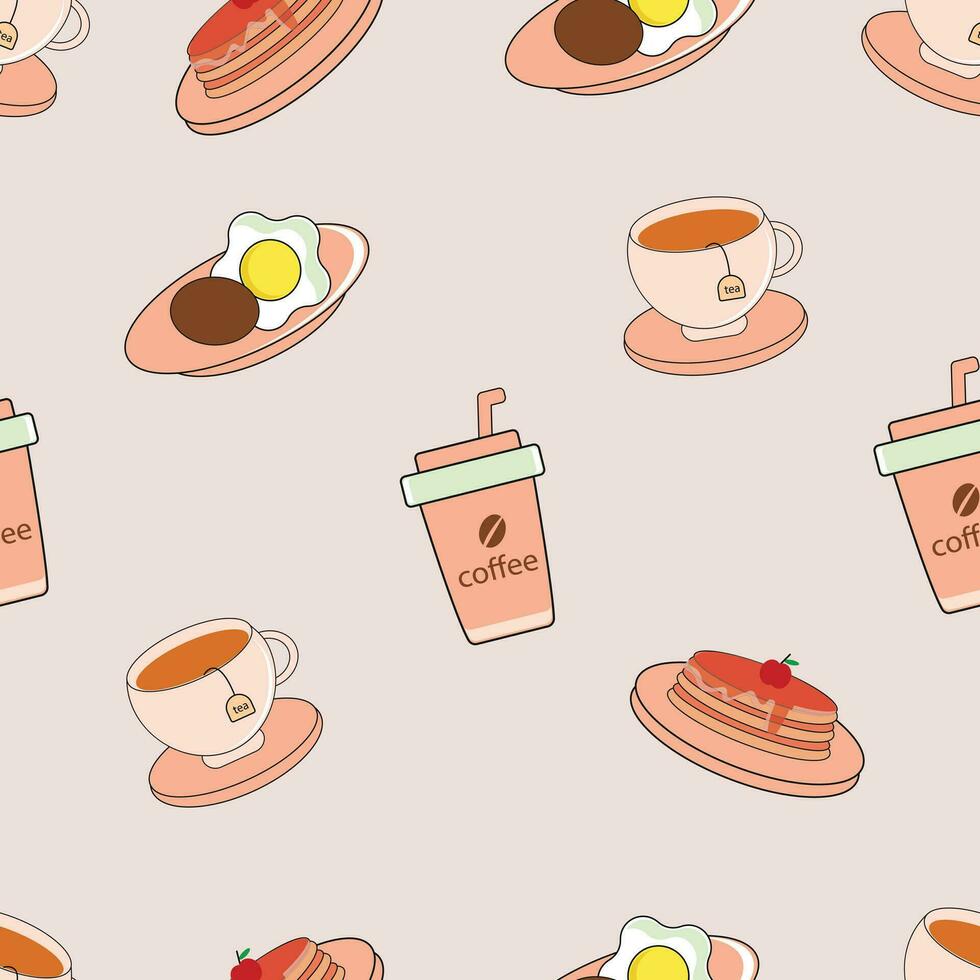 nahtlos Hintergrund mit das Element von Frühstück. Kaffee, Tee, Pfannkuchen, gebraten Ei. ein einfach Muster.Vektor Illustration. Süßigkeiten und Kaffee. vektor