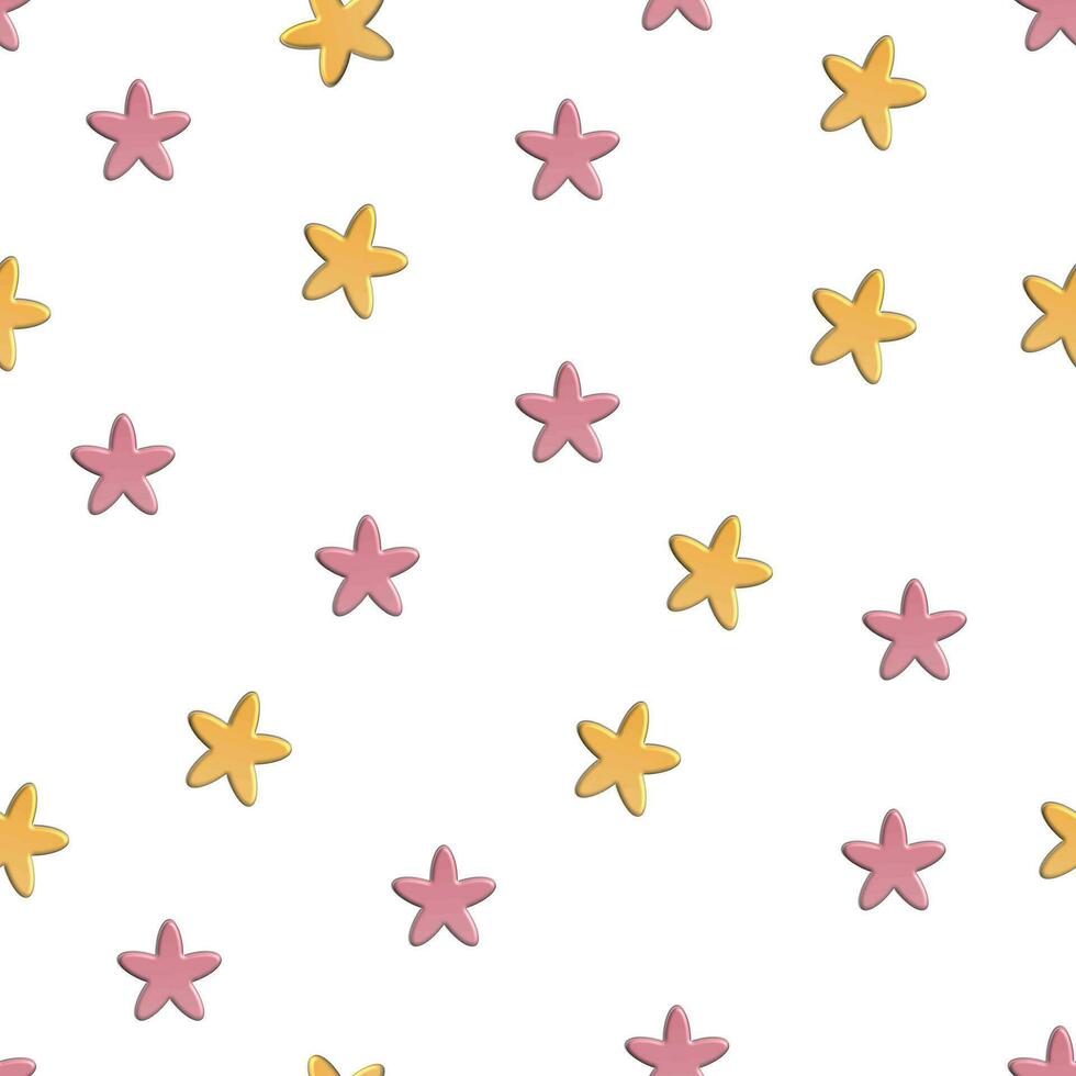 Vektor nahtlos Muster mit 3d stilisiert Sterne. Sommer- Marine gestreift Hintergrund. Design zum Mode Textil- drucken, Verpackung Papier, Netz Hintergrund. Mehrfarbig Seesterne.