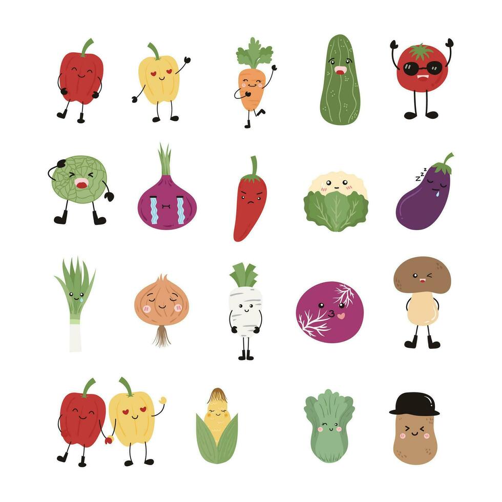 Karikatur Gemüse Charakter Aufkleber. komisch Emoticon im eben Stil. Essen Emoji. komisch Gemüse Zeichen isoliert auf Weiß Hintergrund, süß und komisch Obst einstellen Vektor Illustration