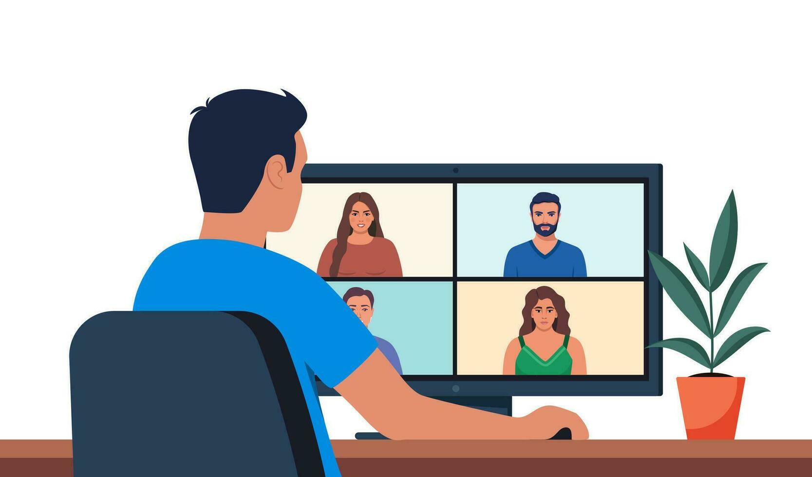 arbetstagare använder sig av dator för kollektiv virtuell möte och grupp video konferens. man på skrivbordet chattar med vänner uppkopplad. vektor illustration.