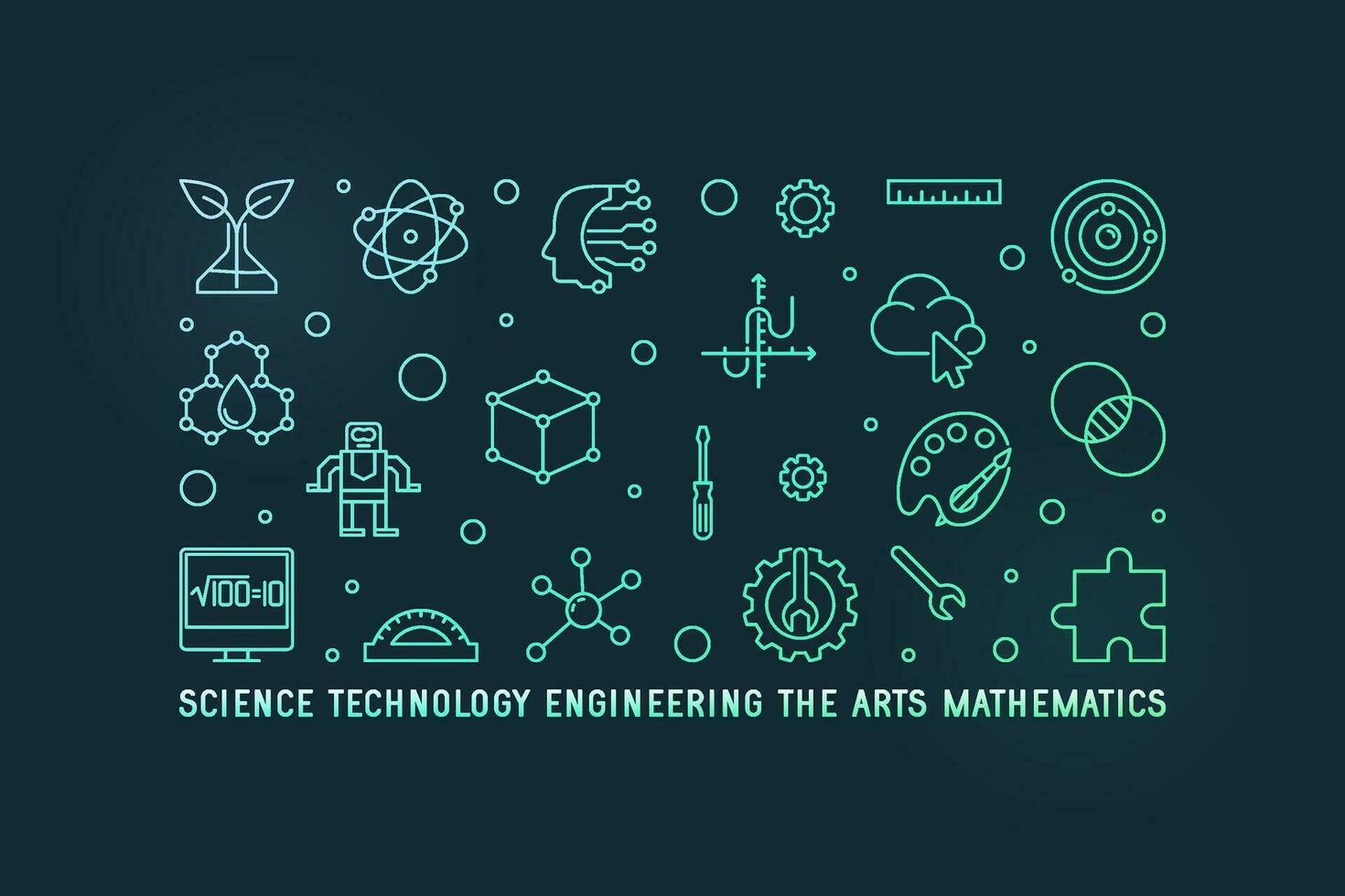 vetenskap, teknologi, teknik, de konst, matematik horisontell översikt färgad illustration. ånga begrepp linjär baner vektor