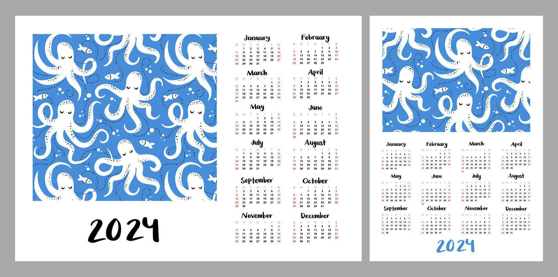 kalender layout för 2024. marin illustration med bläckfiskar och fisk. vertikal och horisontell layouter för a4, a5 utskrift vektor