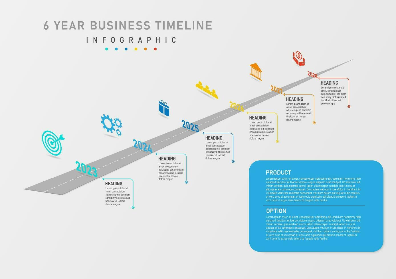 Infografik isometrisch Geschäft Zeitleiste Vorlage 6 Jahre Straße mit Nummer richtig Center mit Kreis Linie und Pfeil links Symbol Blau Rahmen mit richtig Brief auf grau Gradient Hintergrund vektor