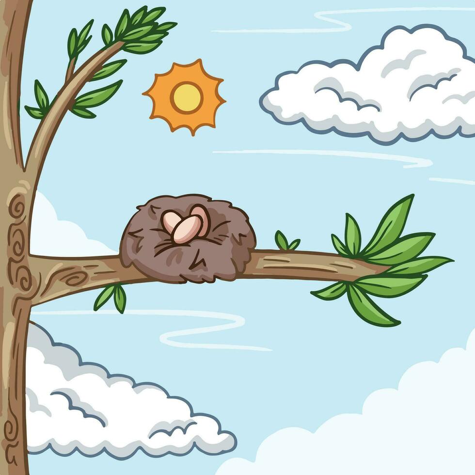 Vogel Nest auf Baum Ast mit Blau Himmel, Wolken, und Sonne Dekoration auf das Hintergrund Vektor Illustration isoliert auf Quadrat. einfach eben Karikatur Zeichnung mit umrissen Kunst Stil.