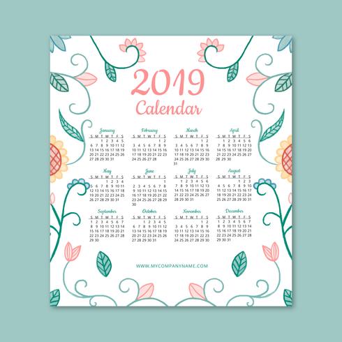 Gullig 2019 kalender med blommor och löv vektor