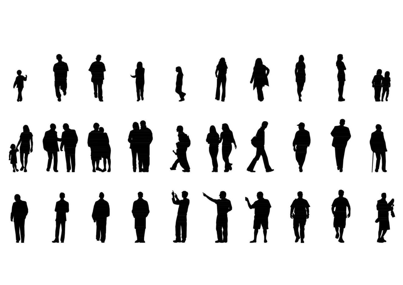 Silhouette Menschen Mann Frau Vektor Illustration. isoliert Grafik Silhouetten Person isoliert skizzieren Einfachheit Hand gezeichnet Mensch kontinuierlich schwarz Linie. Menschen Stand Design Gruppe Geschäft Konzept.