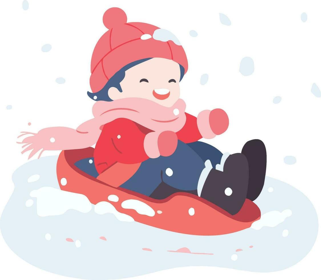 hand dragen barn spelar i de snö på jul i platt stil vektor