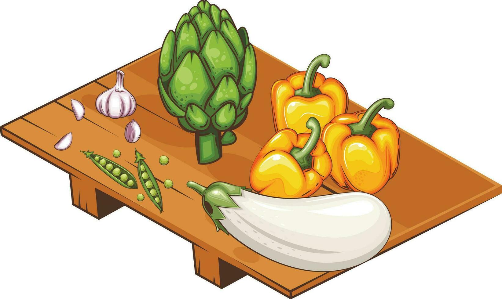 färsk grönsaker illustration, grönsaker av kronärtskocka, vitlök, äggplanta, grön ärta och klocka peppar vektor