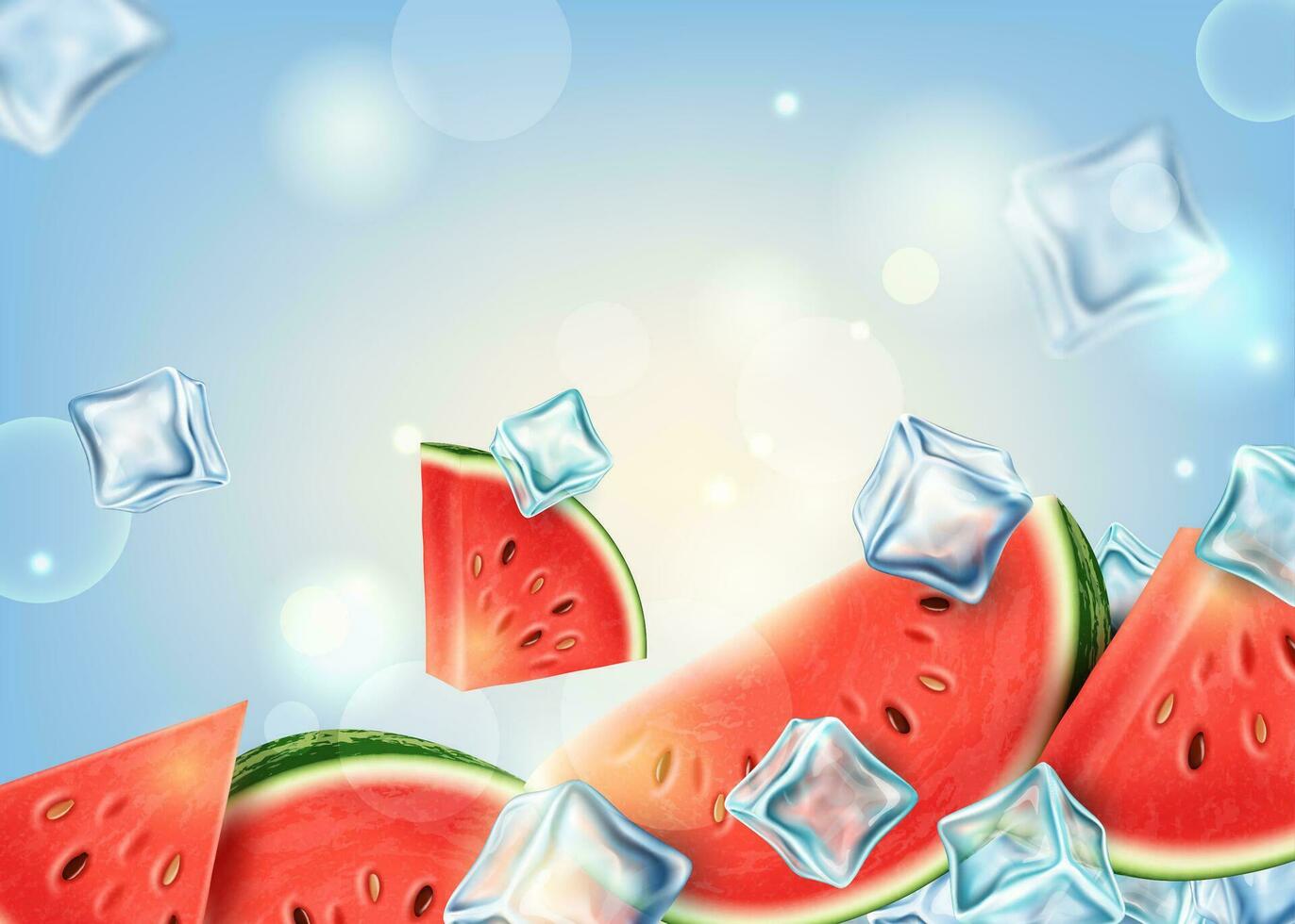 realistisk detaljerad 3d färsk vattenmelon frukt med is kuber sommar begrepp bakgrund. vektor