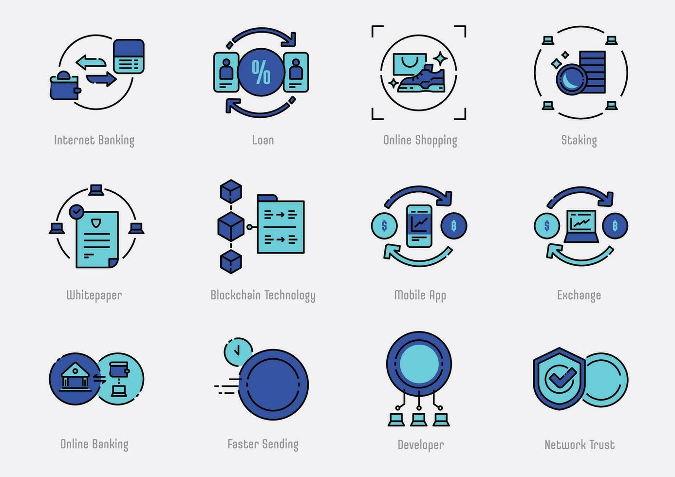 fintech färglinje ikon uppsättning med blockchain teknologi vektor