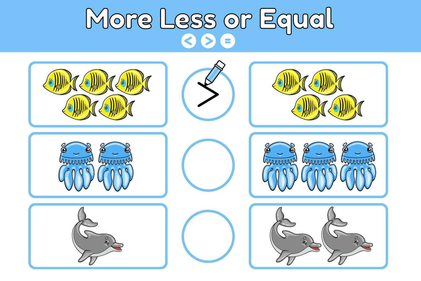 matematik pedagogisk spel för barn. inlärning barn räkning och algebra. övning med tecknad serie maneter, delfiner, fiskar. räkna hav djur och skriva ner tecken välja Mer, mindre eller likvärdig. vektor. vektor