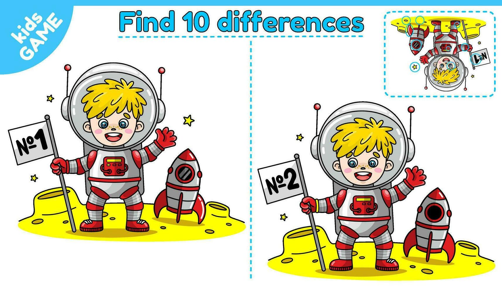 pedagogisk spel för ungar. hitta 10 skillnader. tecknad serie söt astronaut pojke med rymdskepp på måne i Plats. pussel för barn. kalkylblad för förskola och skola utbildning. vektor illustration.