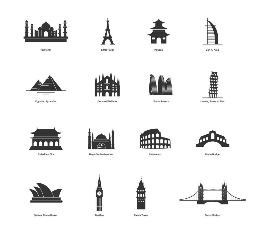 uppsättning av ikoner på de tema av resa och semester. känd internationell landmärken. vektor