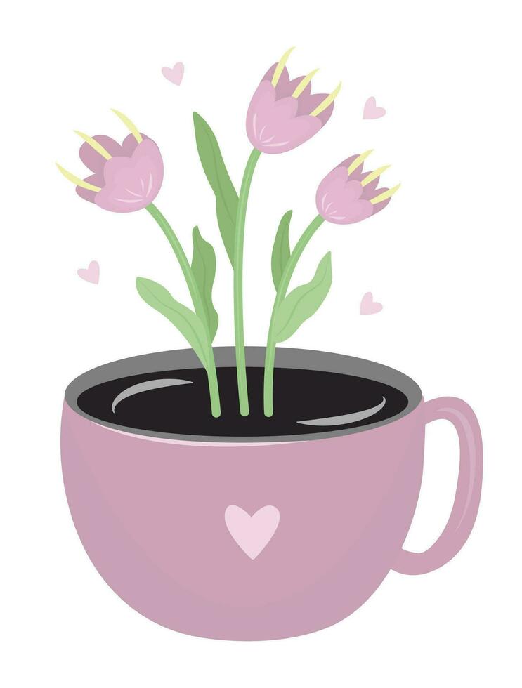 rosa kopp av kaffe med rosa tulpaner, fantasi färgrik illustration. ovanlig skriva ut för kaffe och blomma älskande vektor