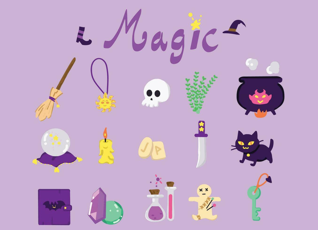 witch-item-object-magic.icon uppsättning freehand digital målning med skuggning. vektor