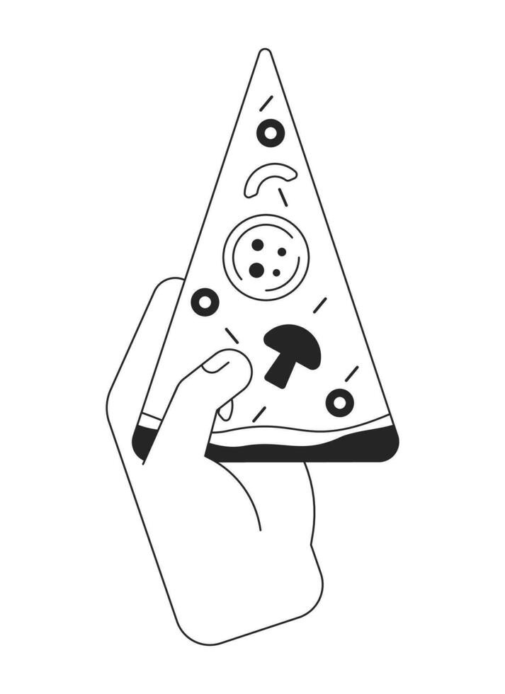 Hand halten Pizza Scheibe bw Konzept Vektor Stelle Illustration. schnell Essen 2d Karikatur eben Linie monochromatisch Hand zum Netz ui Design.bearbeitbar isoliert Gliederung Held Bild