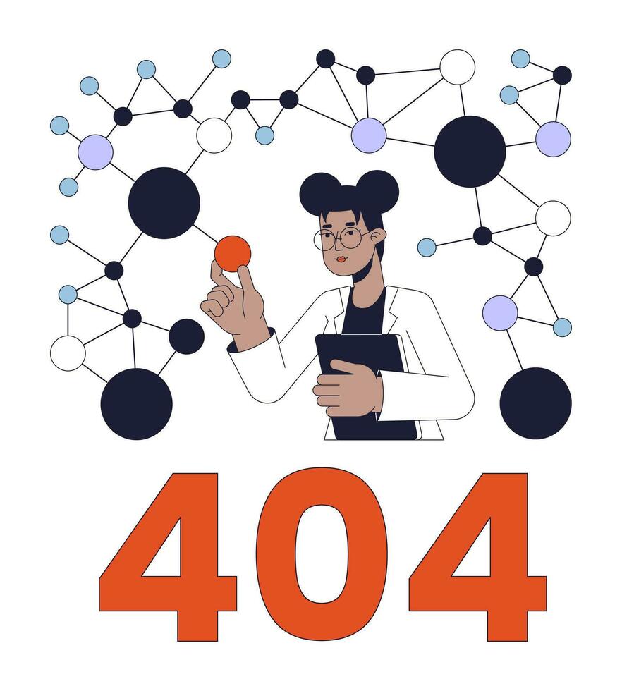 molekyl biologi forskare fel 404 blixt meddelande. analys strukturera av molekyler. tömma stat ui design. sida inte hittades dyka upp tecknad serie bild. vektor platt illustration begrepp på vit bakgrund